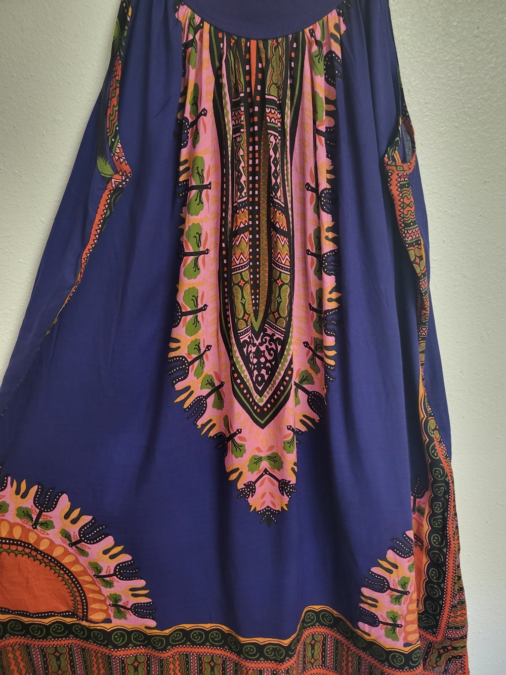 Boho Indigo Midi Dress with Pink & Orange Print